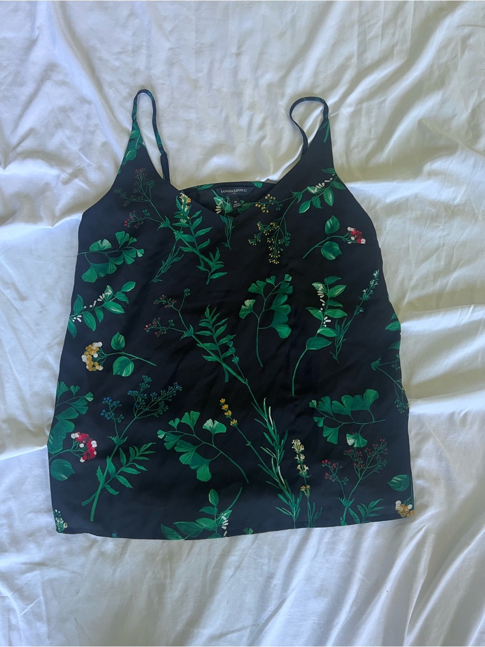 Banana Republic Black Floral Silk Cami with Green Botanical Print